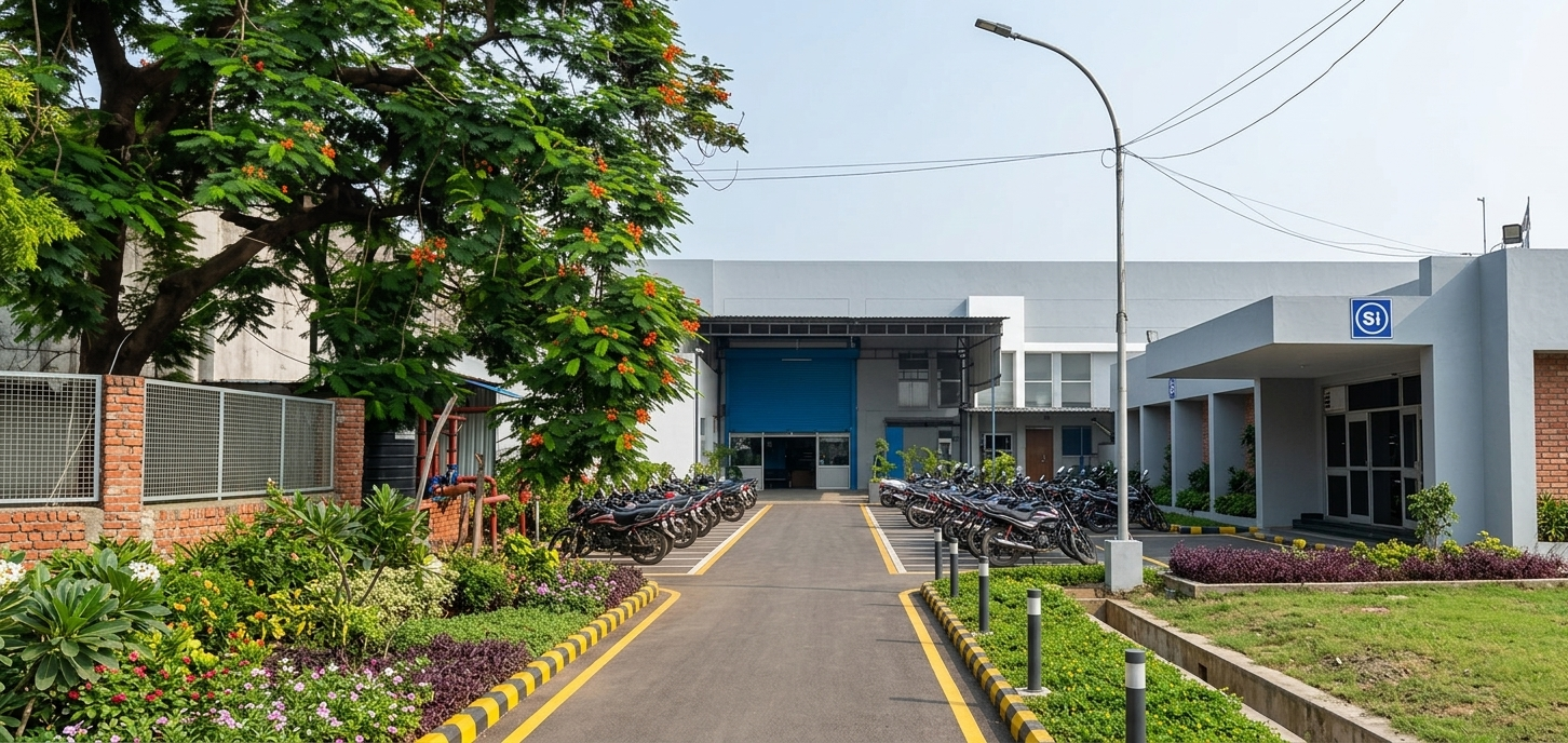 Exterior view of SI Autopack factory building and main entrance