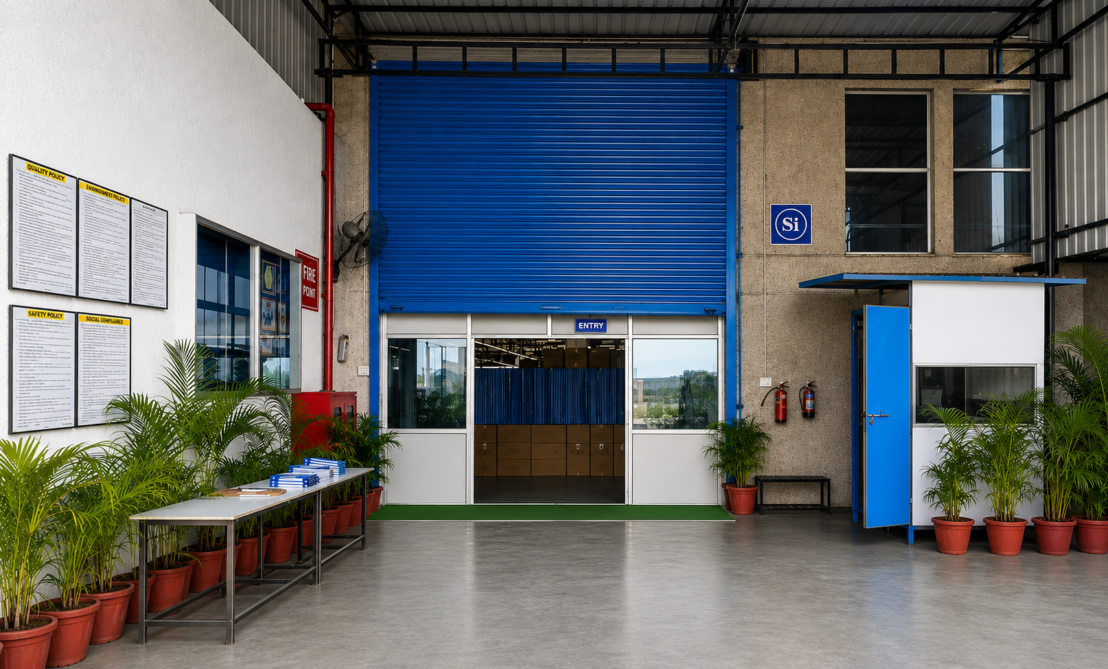 Quality and compliance policy boards at SI Autopack production facility entrance