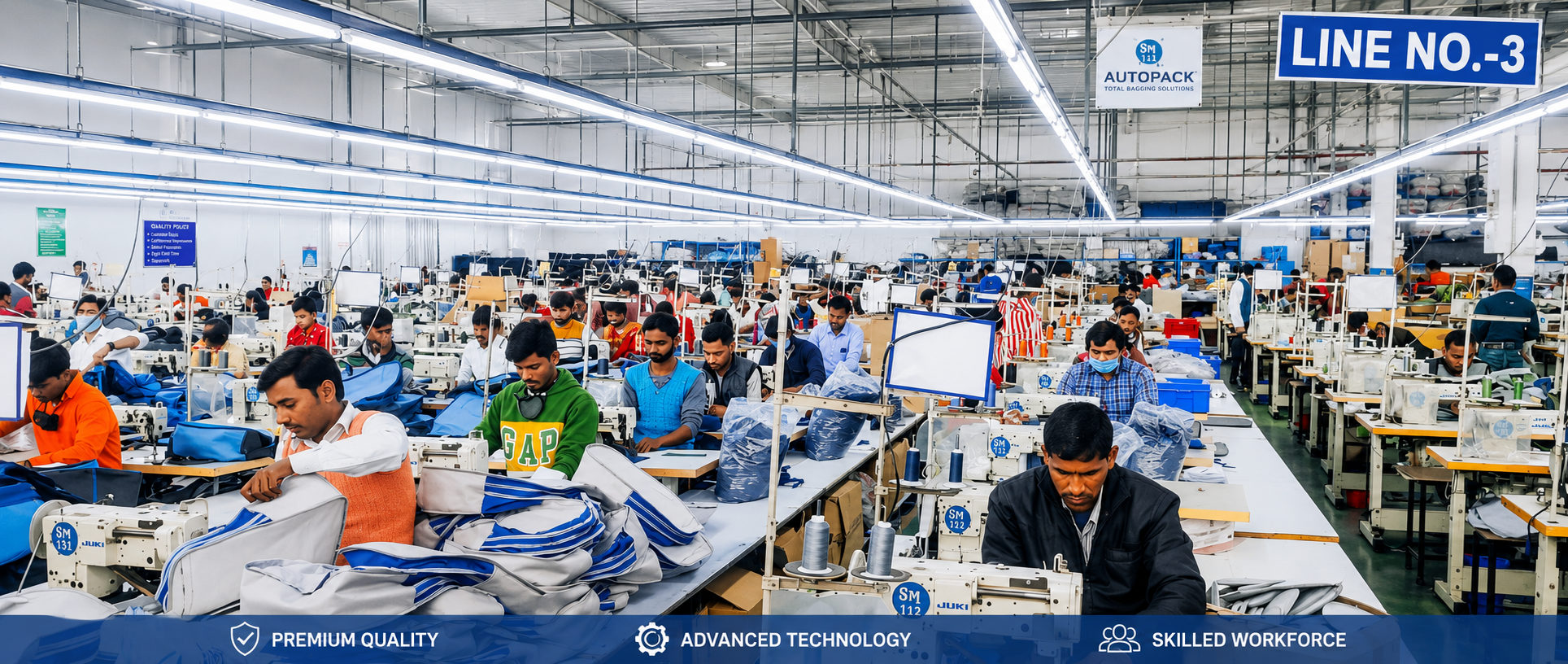 SI Autopack production floor with industrial JUKI stitching lines