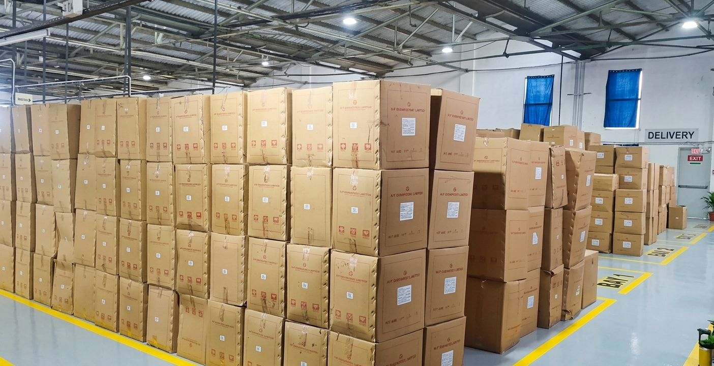 SI Autopack delivery godown with packed cartons staged for export shipment