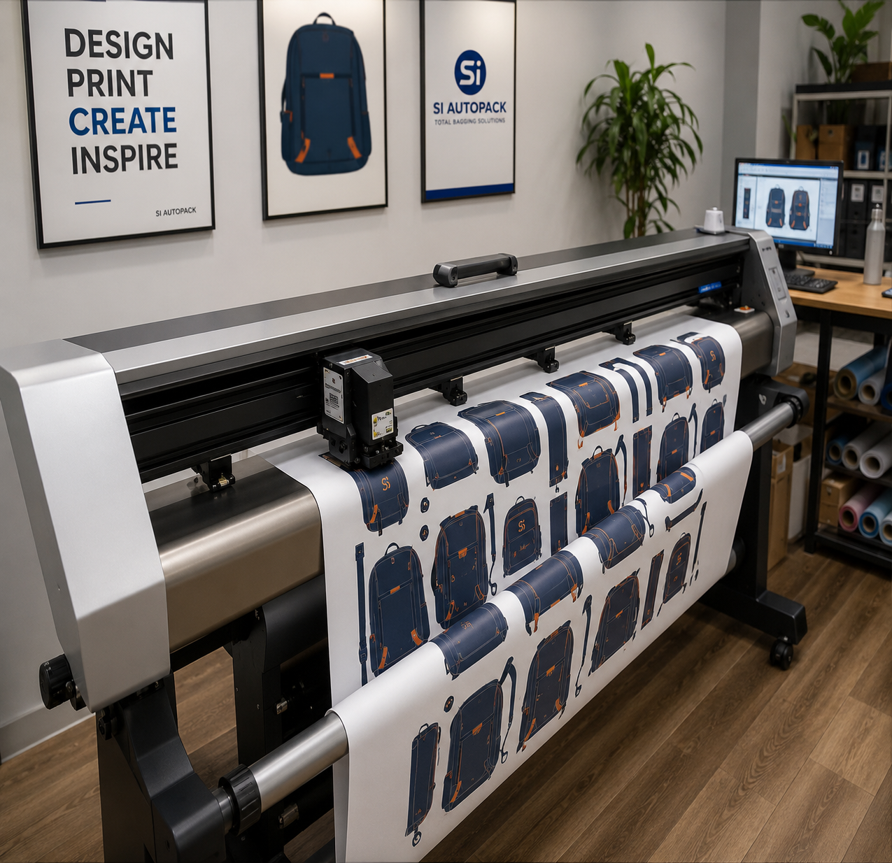 Large-format industrial printer applying custom backpack graphics at SI Autopack