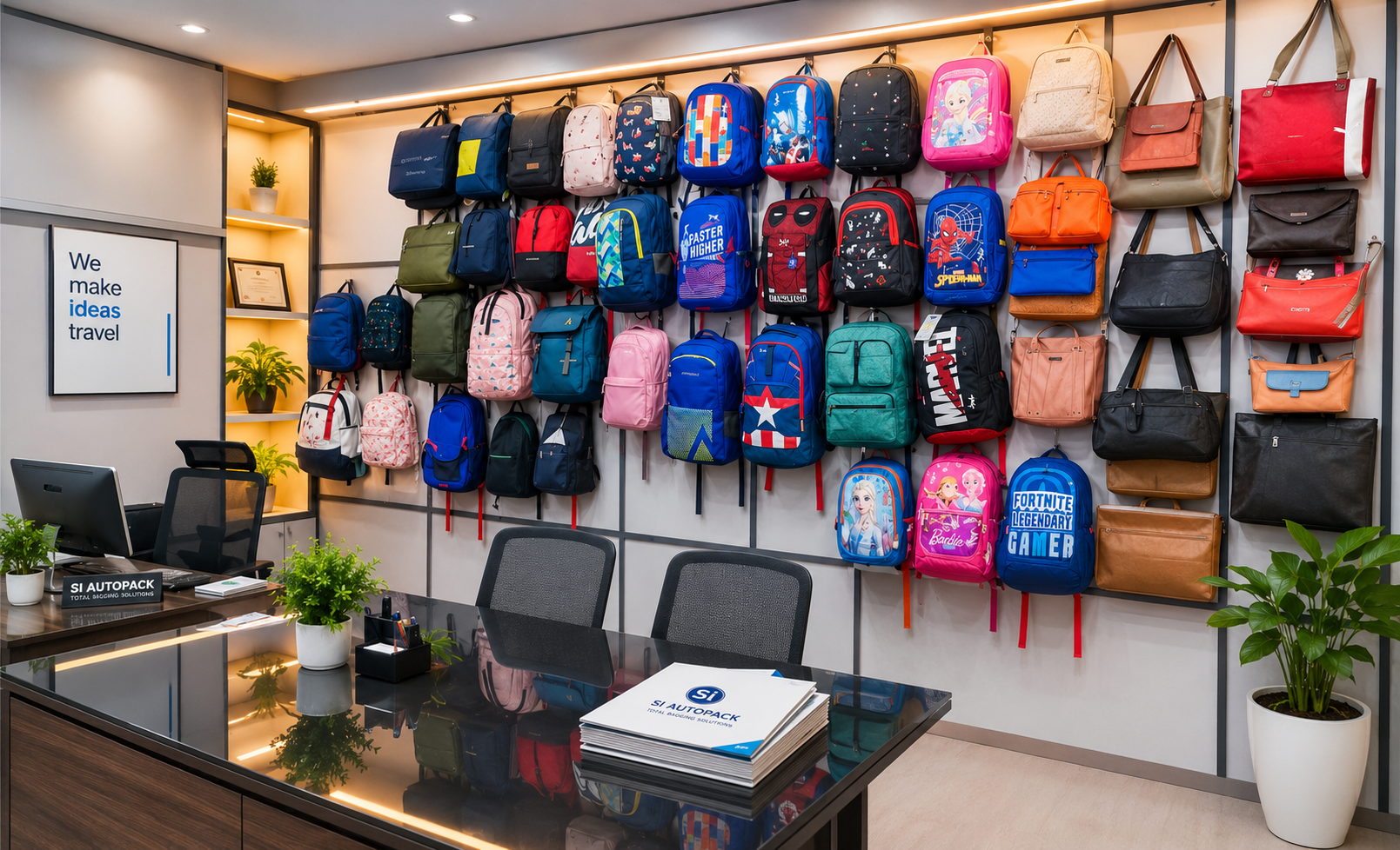 SI Autopack product showroom with backpack and bag display wall