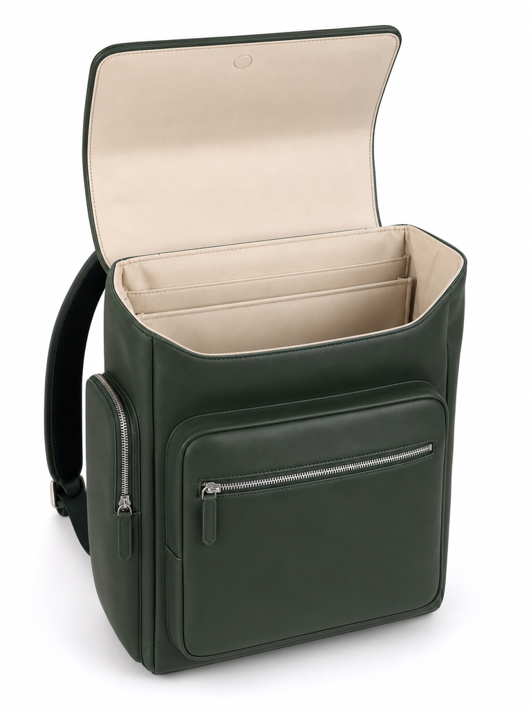 Structured business backpack with organized interior compartments