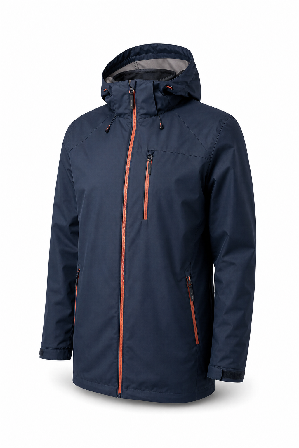 Navy hooded raincoat with coral zipper accents