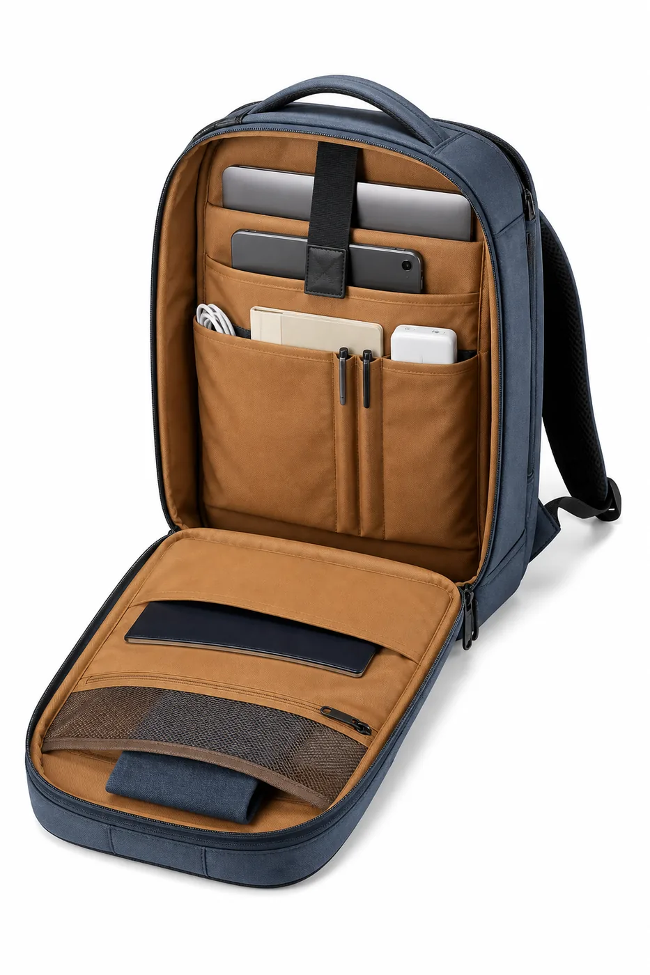 Open business backpack showing organized compartments