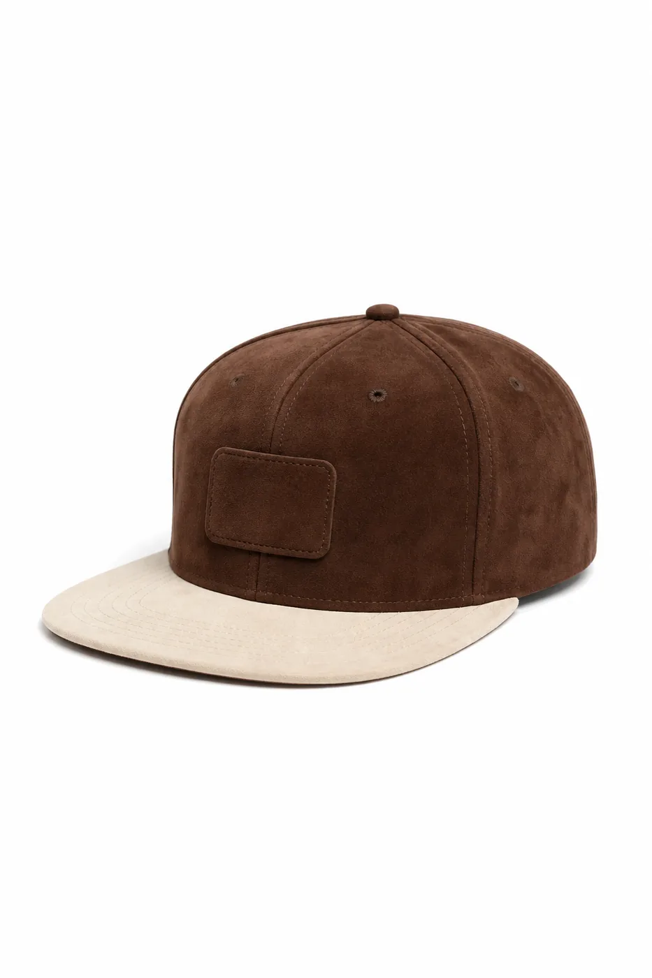 Mocha suede snapback cap with cream flat brim