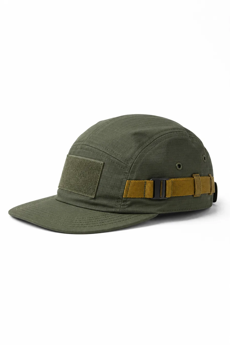 Olive ripstop five-panel camper cap with mustard strap