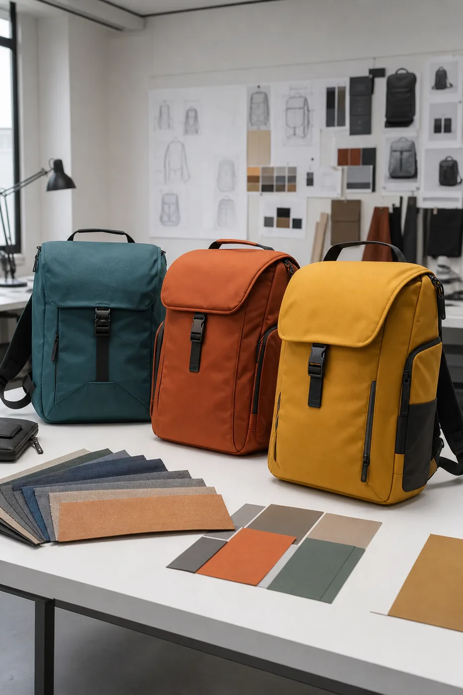 Custom backpack prototypes in multiple colorways on development table