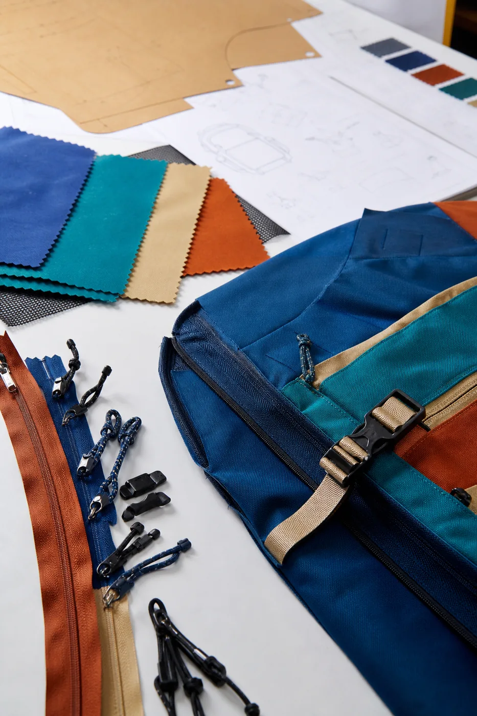 Technical pattern and material swatches for custom bag development