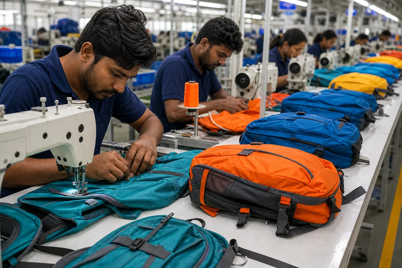 Factory stitching line producing custom branded backpacks