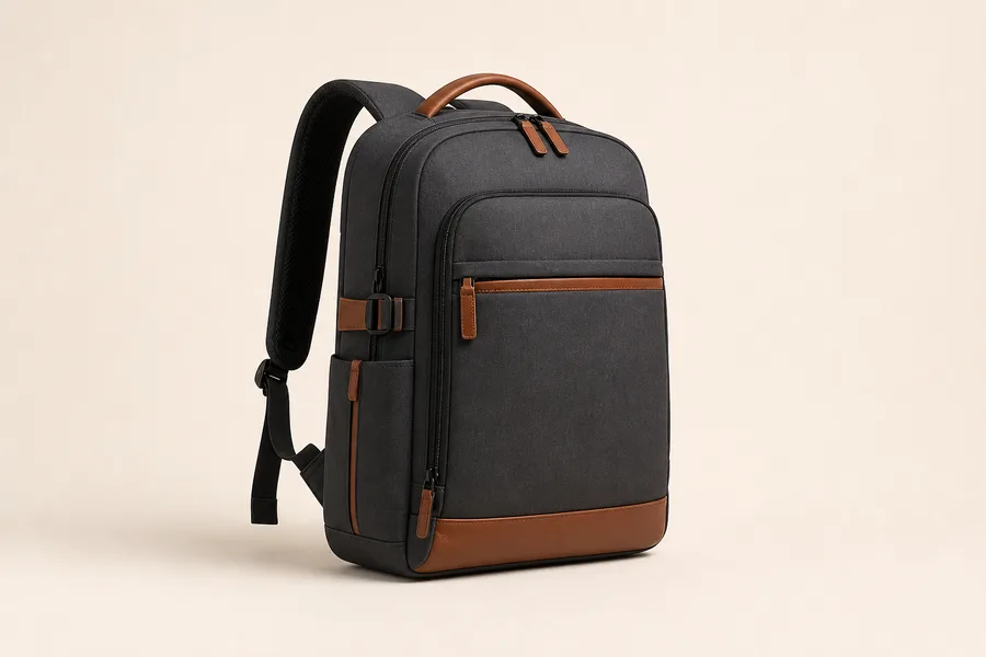 Charcoal business backpack with cognac trim