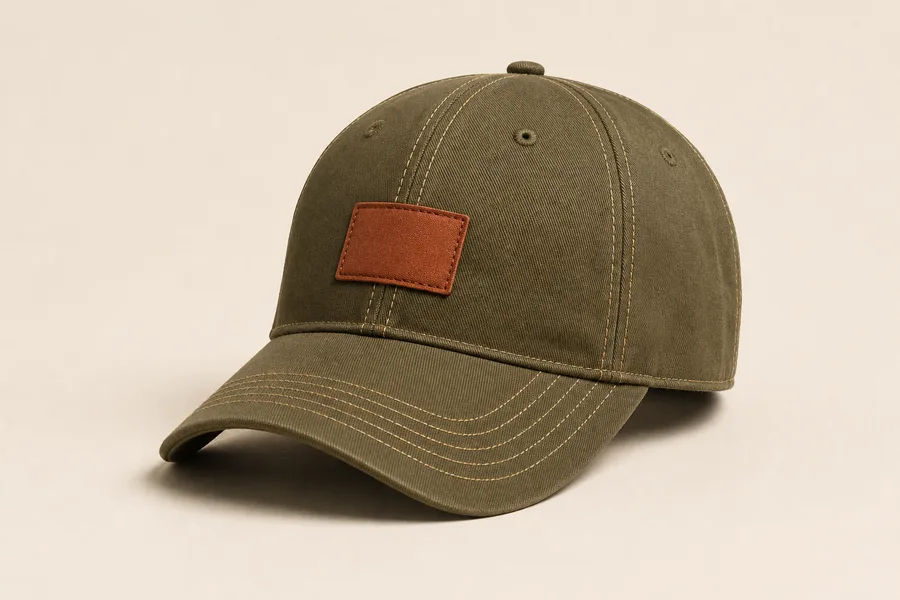 Olive green structured cap with cream stitching