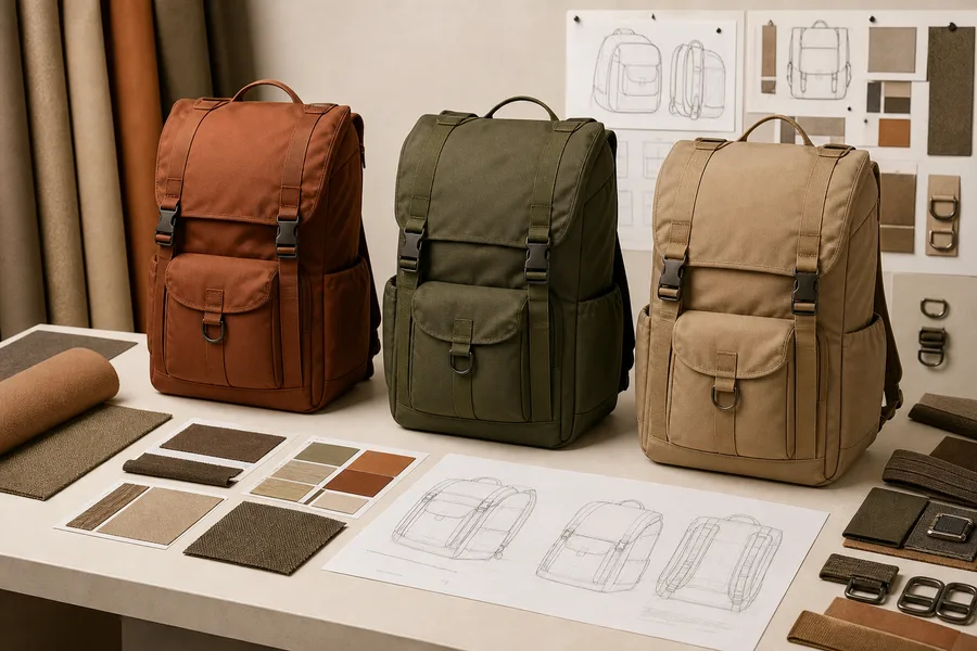 Custom backpack prototypes in rust, olive, and sand colorways
