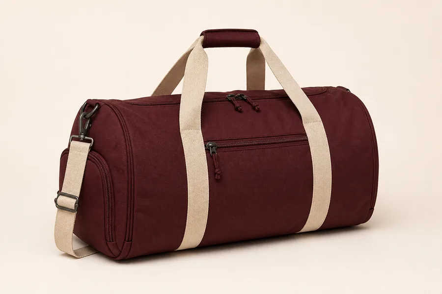 Burgundy gym duffel bag with cream webbing handles