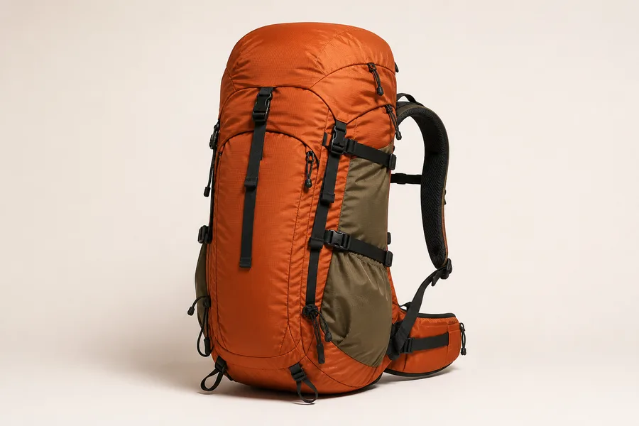Burnt orange technical hiking backpack with olive side panels