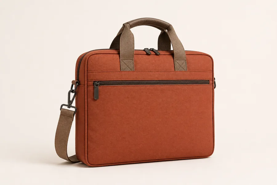 Rust-colored structured laptop briefcase with taupe handles