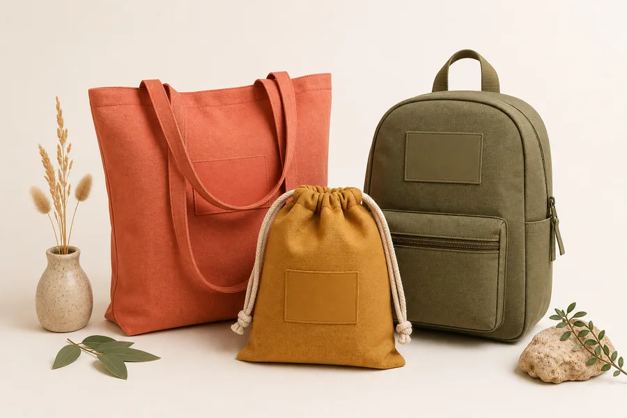 Coordinated coral, mustard, and olive promotional bag set