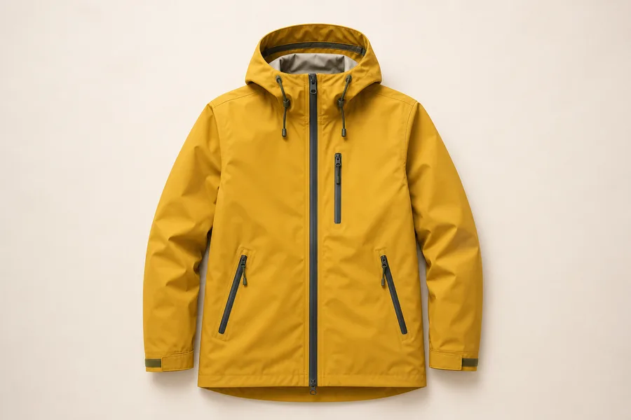 Mustard yellow hooded raincoat with charcoal waterproof zippers