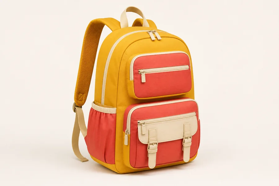 Mustard yellow school backpack with coral and cream pockets