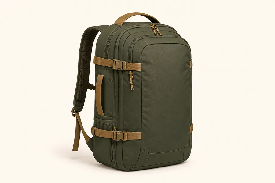 Forest green travel backpack with tan straps and multiple compartments