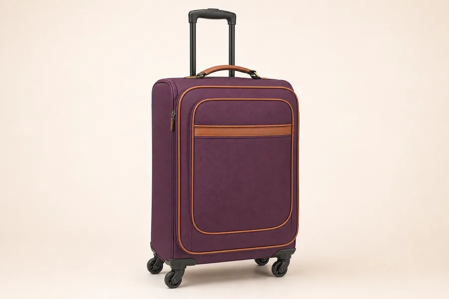 Plum soft-sided trolley luggage with tan piping