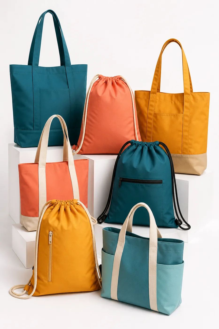 Set of branded tote and drawstring promotional bags