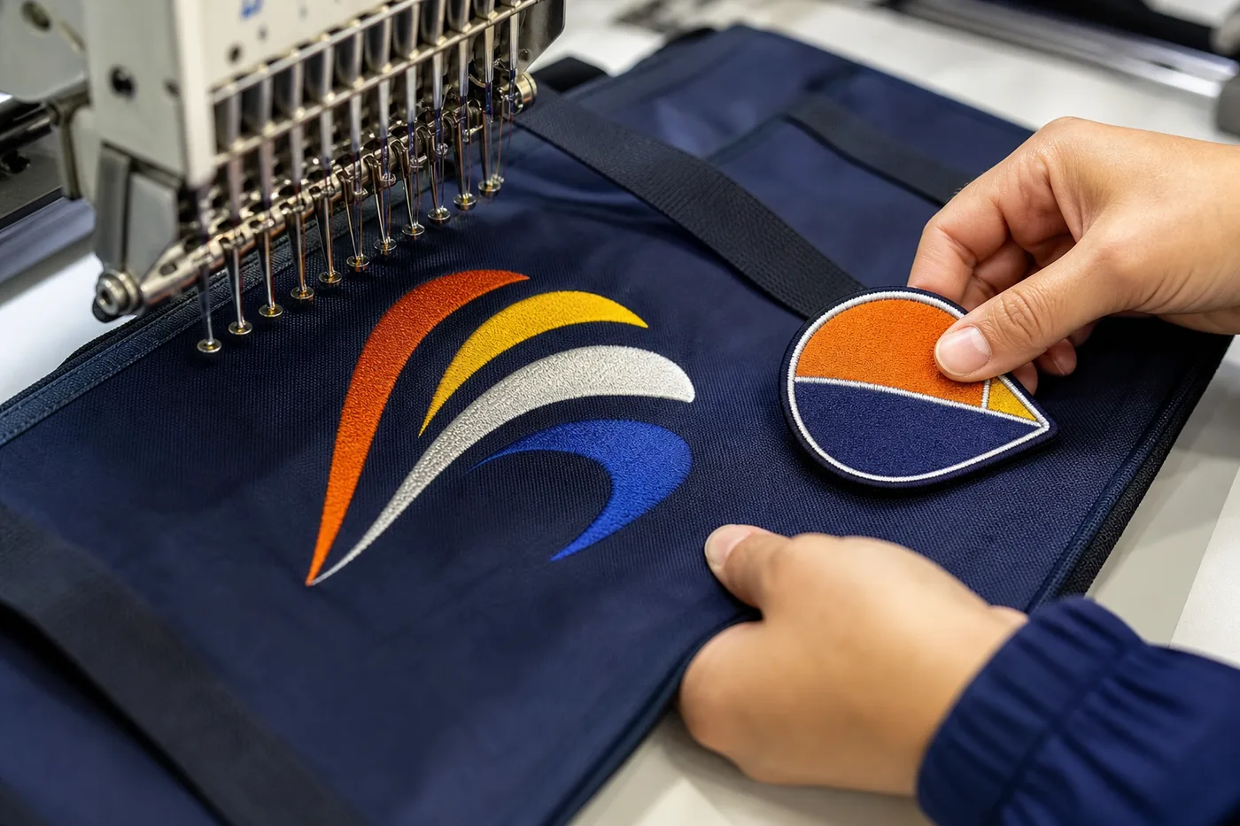 Close-up of embroidery and branding application on promotional bag