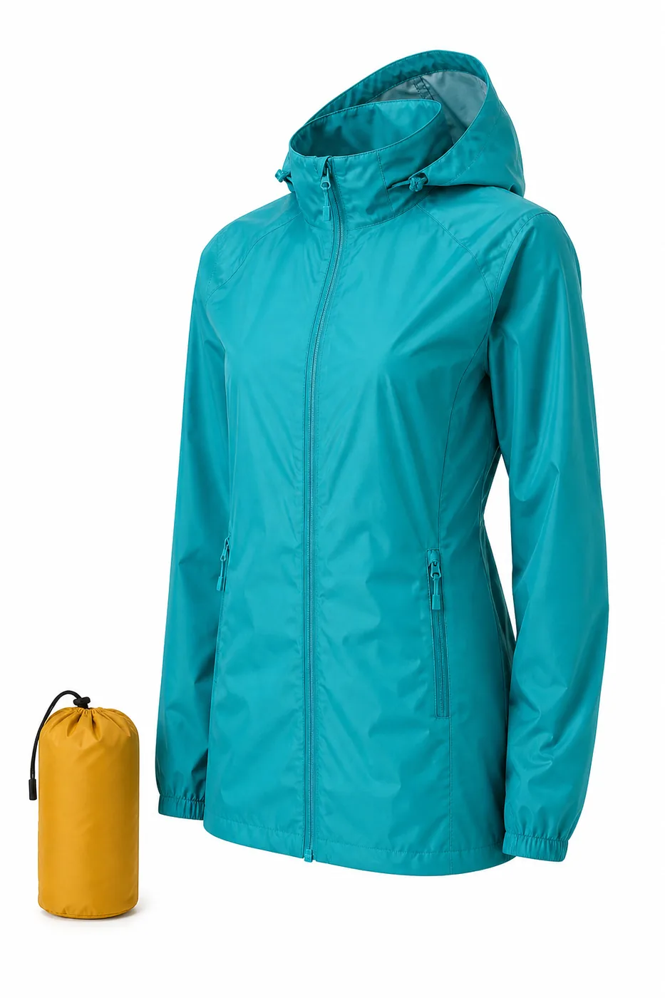 Packable lightweight raincoat with storage pouch