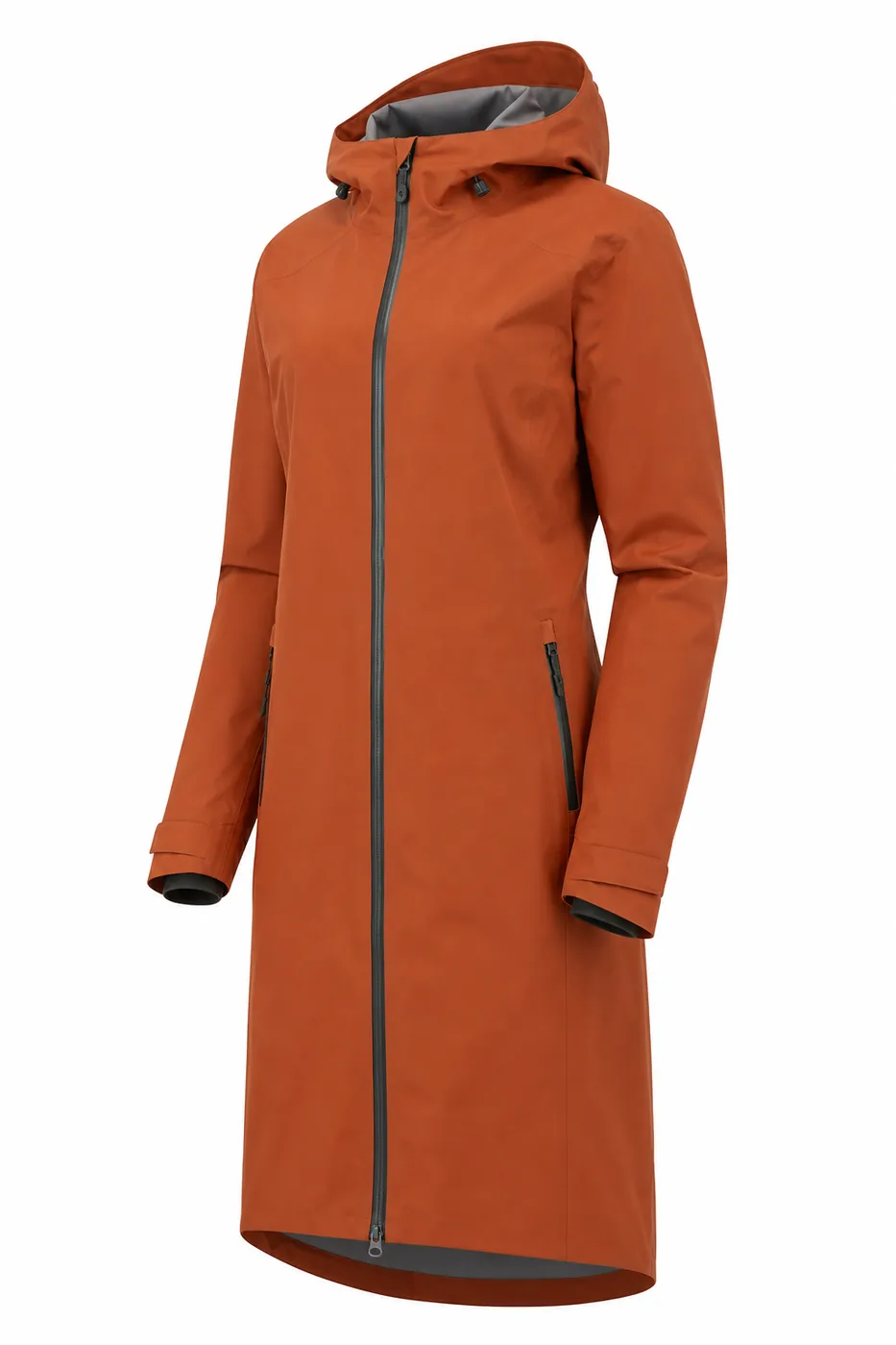Longer storm raincoat with sealed seams and hood