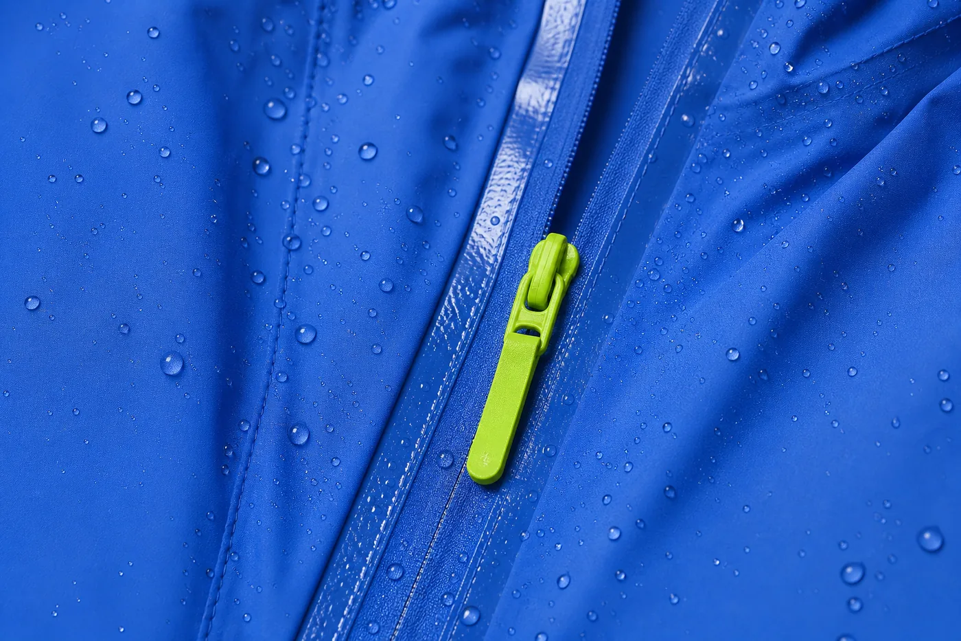 Close-up of waterproof zipper and seam tape on raincoat